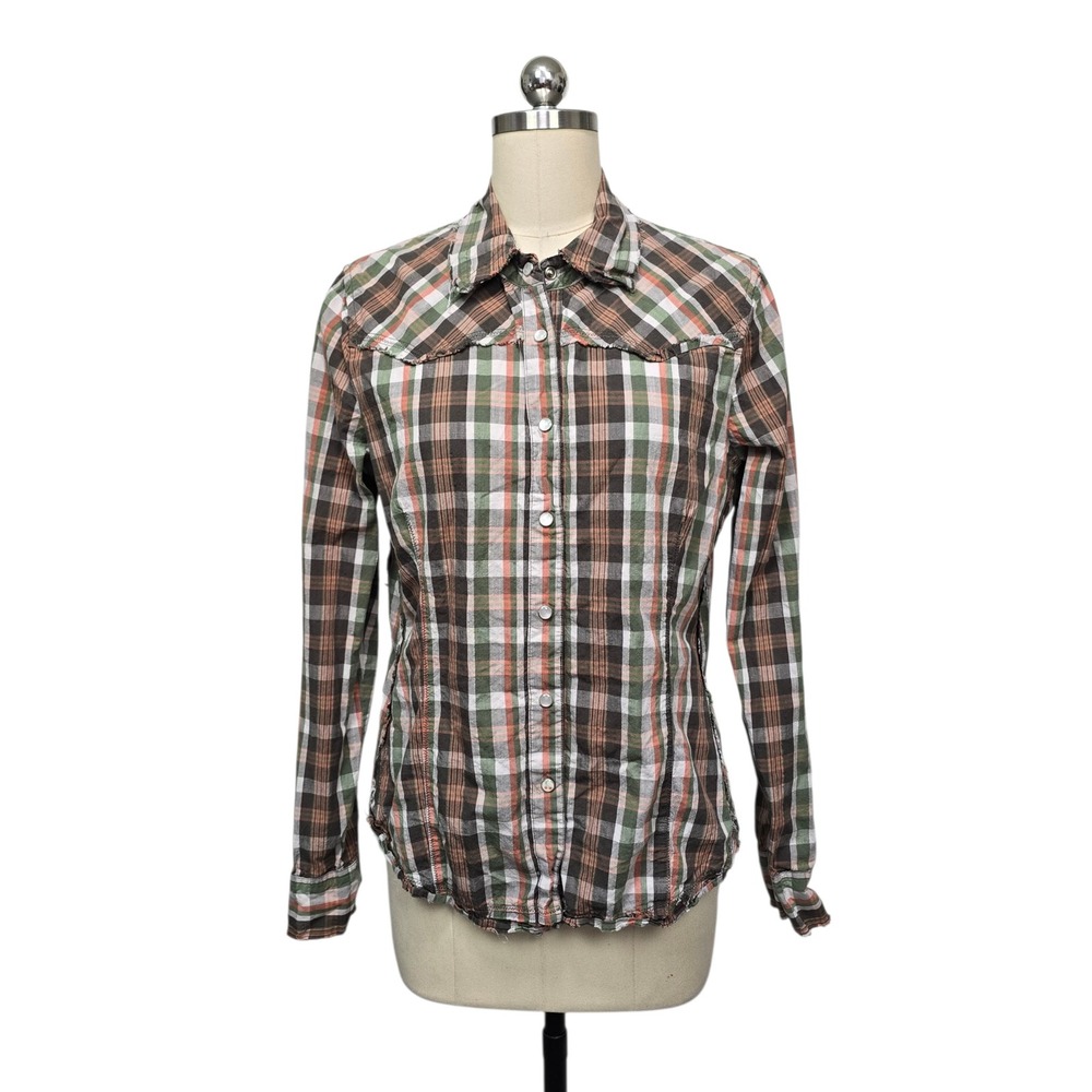 Roots Womens Plaid Western Snap Button Shirt Frayed Edge Brown Green Orange 1216